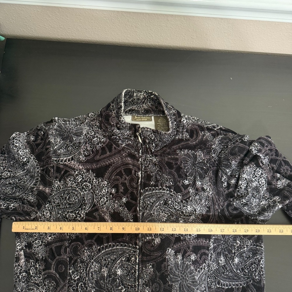Jane Ashley Jacket Women's Large Black Paisley Long Sleeve Mock Neck Fleece Zip - Picture 3 of 10